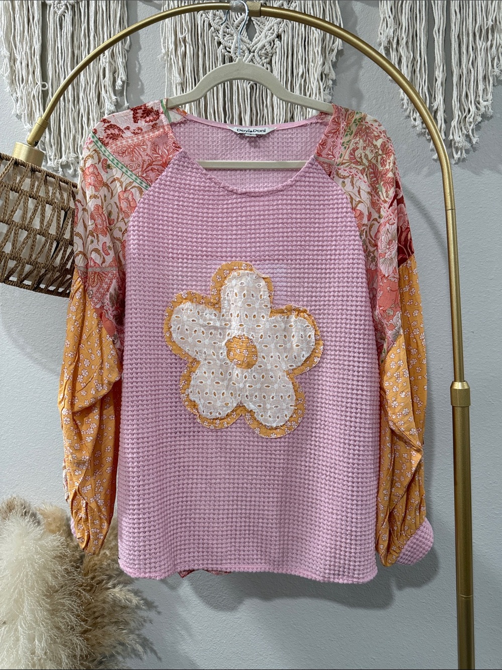 DAVI & DANI Pink Waffle Knit Floral Patchwork Pullover